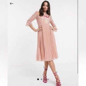 ASOS DESIGN embroidered pleated midi dress